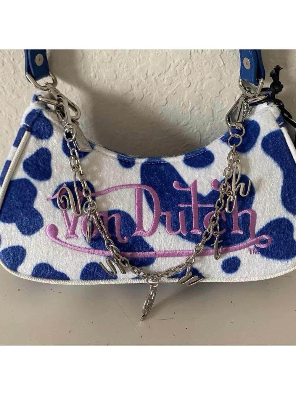 Von Dutch Vegan Pony Hair Blue Cow‎ Print Shoulder Bag W/Charms NEW